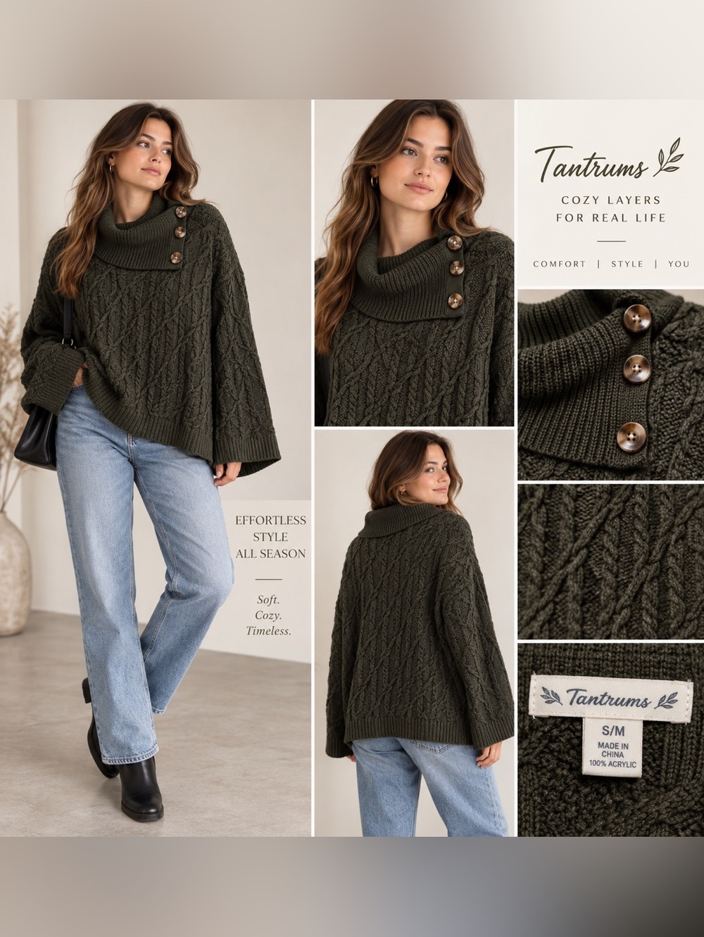 Tantrums S/M Olive Green Cable Knit Sweater Poncho Cape Button Cowl Neck